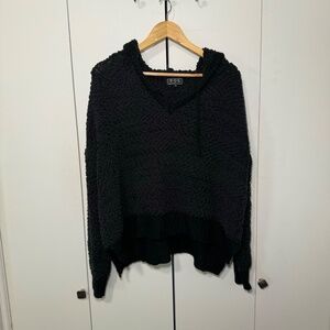 POL Women's Black Fuzzy Popcorn Chunky Knit V-Neck Pullover Hoodie Sweater MD